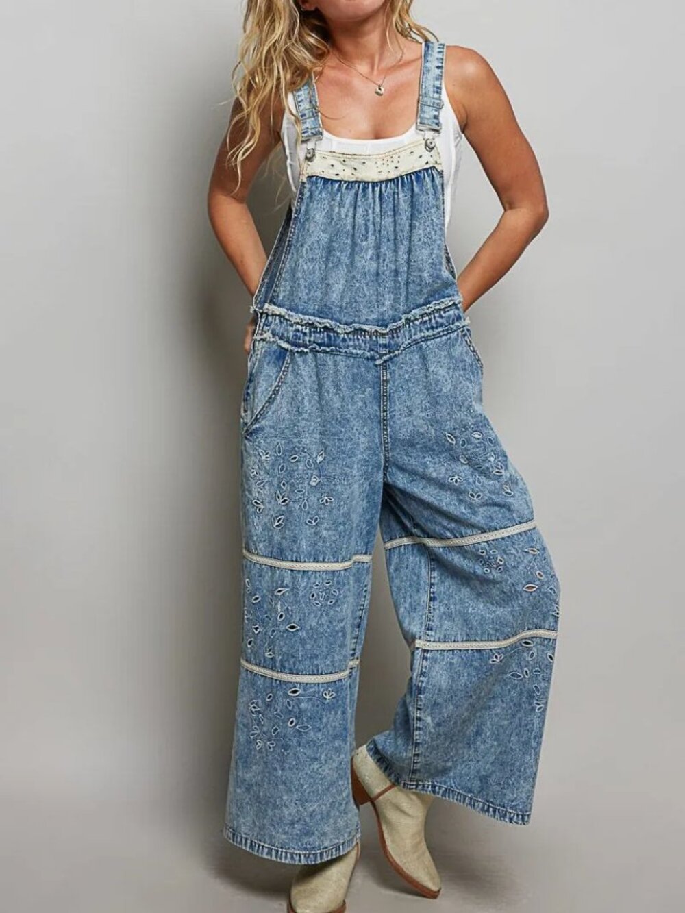 POL Country Roads Laser Cut Twill Overalls - Denim 🤠